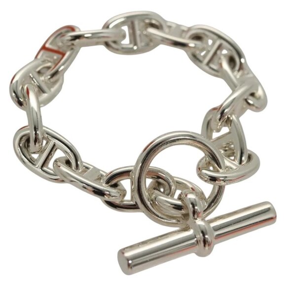 HERMES Chene Dunkle MM Bracelet Ag925 14 Links Silver Auth 132989M - Picture 1 of 12